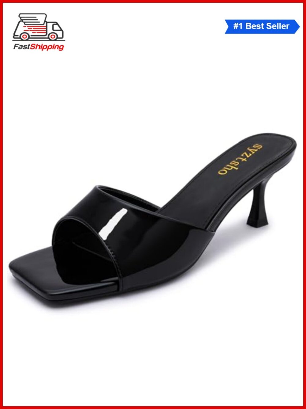 Women's Kitten Heel Sandals Square Open Toe Slip On Mule Heels Faux Leather